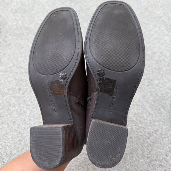 Lucky Brand Malvelia Brown Leather Stack Heel Size 7.5 Zip Booties Boots Ankle - Picture 10 of 13